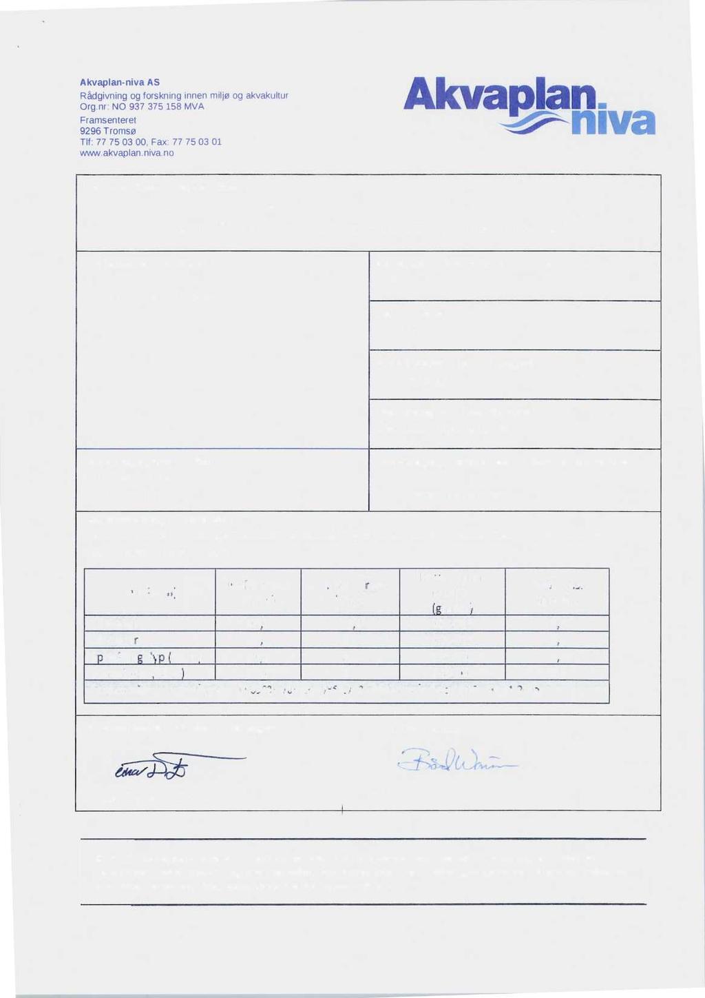 Akvaplan-niva AS Rådgivning og forskning innen miljø oct akvakultur Org.nr NO 937 375 158 MVA Framsenteret 9296 Tromsø Tlf: 77 75 03 00, Fax. 77 75 03 01 www akvaplan. niva no Akvaplan.