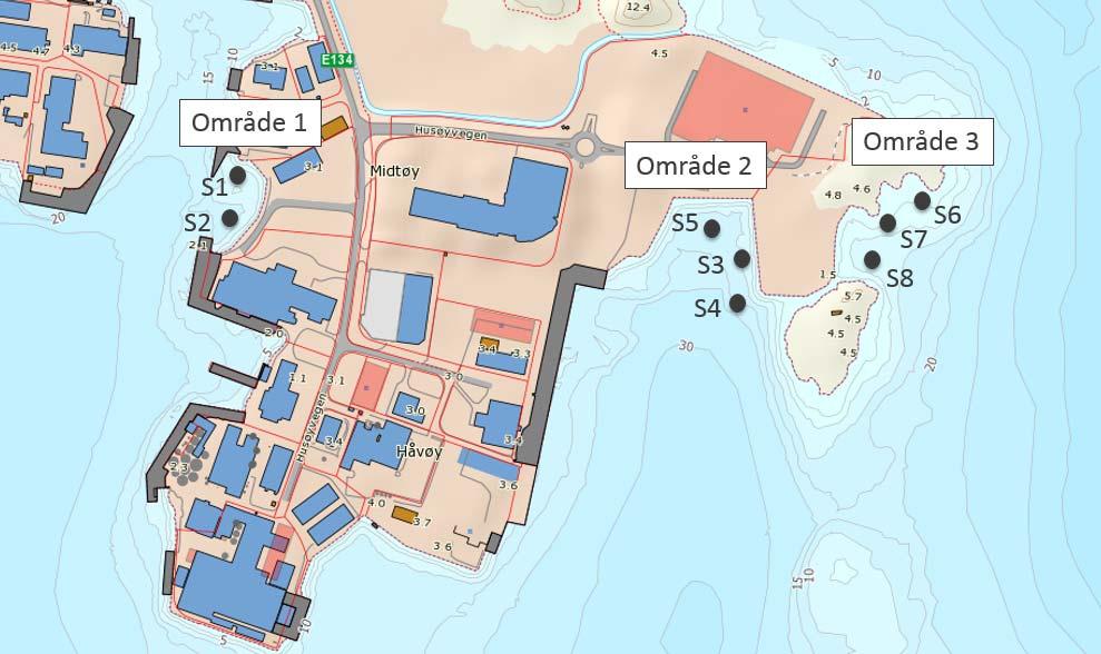 Utfylling i sjø, Husøy Miljøteknisk undersøkelse av sjøbunnsedimenter multiconsult.no 3 Utførte arbeider Figur 2 - Kart med omtrentlig plassering av prøvepunkter (S1-S8) fordelt på område 1, 2 og 3.
