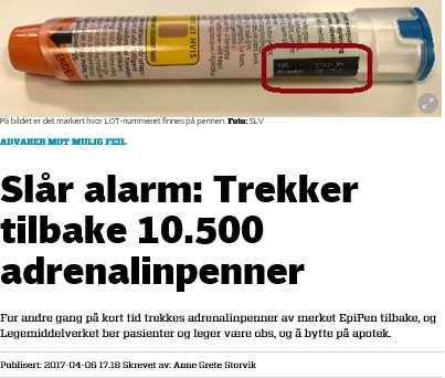 Tilbakekalling ev EpiPen I løpet av to omganger ble til sammen 17 000 EpiPen