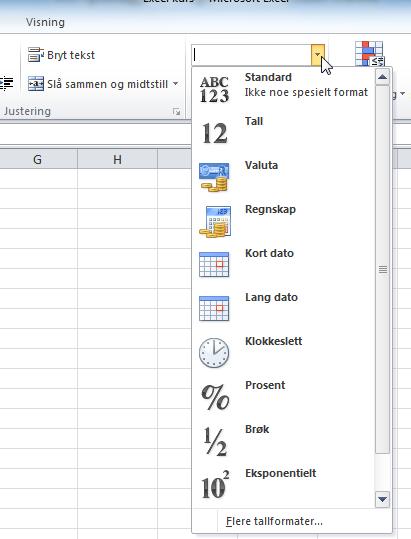 Celleformatering En viktig ting å kjenne til med Excel, er å kunne formatere celler, eller mer presist; å kunne formatere innholdet i cellene: Noen tall er datoer, noen er tidspunkter, noen er tall i