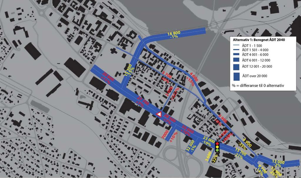 Figur 5-7: Beregnet ÅDT i 2040 for alternativ 1. I alternativet er det vikeplikt i Neumannsgate og signalregulering i Lilleøygata. ÅDT er rundet opp til nærmeste hundre.