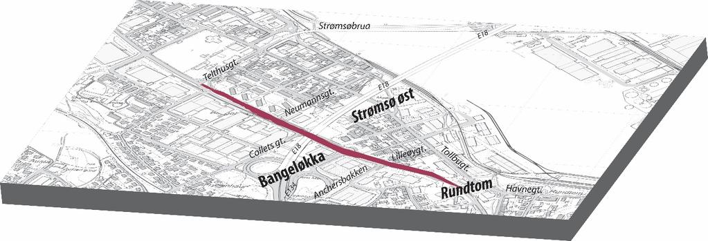 * Det har i tillegg blitt kjørt en egen simulering med dagens situasjon i Collets gate. Det vil si kun et felt med vikeplikt til høyre. I figur 5-1 står gate- og stedsnavn som er benyttet i rapporten.