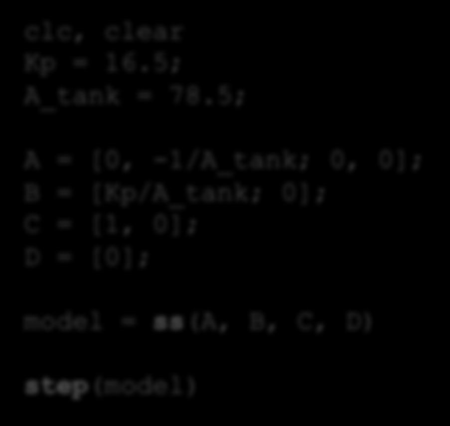Tilstandsrommodeller Vanntankeksempel MathScript: clc, clear Kp = 16.5; A_tank = 78.