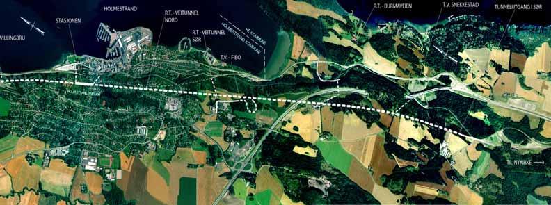 Illustrasjonen viser hvor Eidangertunnelen kommer ut ved Vallemyrene. Norcem skimtes til høyre i bildet. stasjonshallen, en i nord og en i sør.