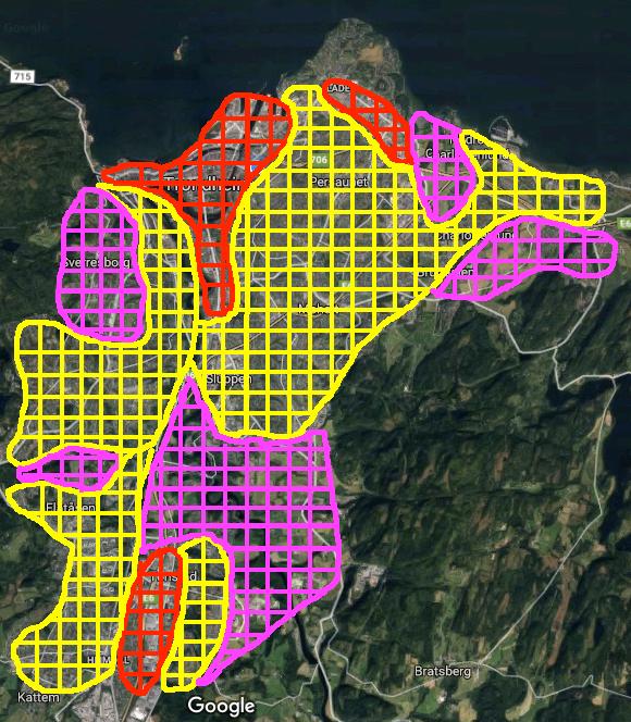 Figur 14, Trondheim inndelt i soner Figur 15 illustrerer ledningsnettet i de ulike sonene. I den røde og gule sonen er det høy befolkningstetthet, noe som fører til høy tetthet av rør.