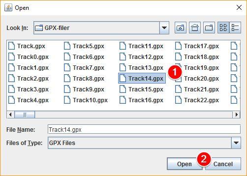 Deretter må du finner filen du vil importere. Du vil kun se filer av typen.gpx i tillegg til mapper. 1 - Velg filen du vil importere. 2 - Trykk Open.