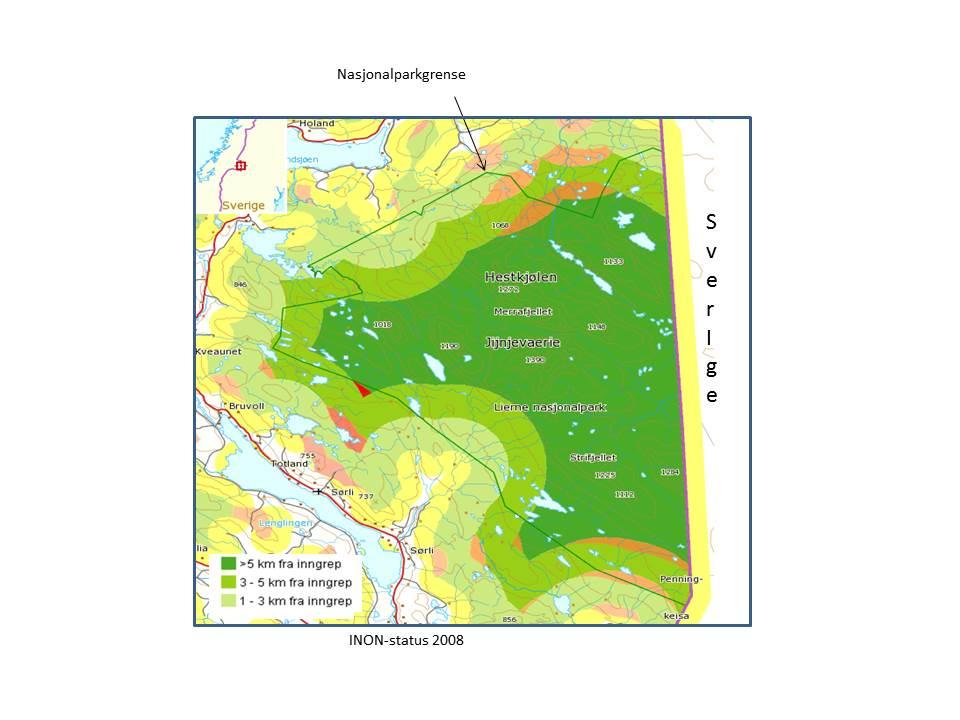 Figur 2. Figuren viser kart over «INON-status» for Lierne nasjonalpark pr. 2008. Kartet viser at det meste av nasjonalparkens areal ligger mer enn 5 km fra tyngre teknisk inngrep (NGU 2013).