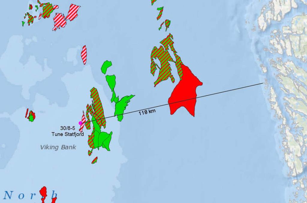 4 Generell informasjon 4.1 Beliggenhet, lisensforhold og målsetting for avgrensningsbrønn Tune Statfjord Avgrensningsbrønn 30/8-5 Tune Statfjord er lokalisert ca 118 km fra Øygarden i Hordaland.