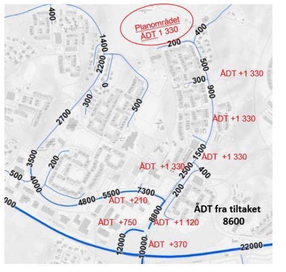 10 (20) STØYUTREDNING Figur 3 Trafikkmengder ÅDT 2015 med trafikk fra planområdet med rød skrift. Figur fra trafikkanalyse. 4.