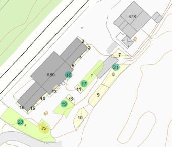 Forklaring av plantekart: 1. Gressplen 2. Svartsurbær (A. melanocarpa Fk Moskva) 3. Roseklokkebusk (W. florida Korea ) 4. Brudespirea (S. cinerea Grefsheim ) 5. Fagerbusk (K. amabilis) 6.