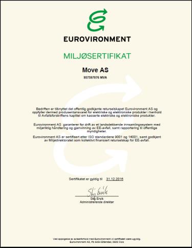 MEDLEMSSKAP I GRØNN PUNKT Move er tilknyttet Eurovironment og Grønn Punkt sin ordning for retur og avhending av EE definerte produkter.