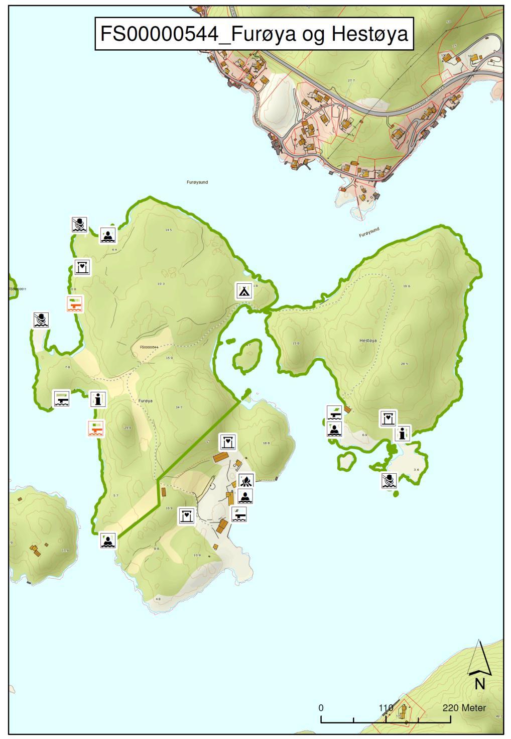DEL 2: Forvaltningsplan : Furøya og Hestøya Kart nr. 13: Furøya og Hestøya, FS 00000544. Røde symboler står for nye tiltak. Sorte symboler står for eksisterende tilrettelegging.
