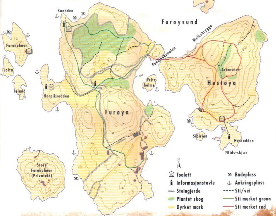 Kart nr. 14: Kulturlandskapselementer og merkede stier på Furøya og Hestøya.