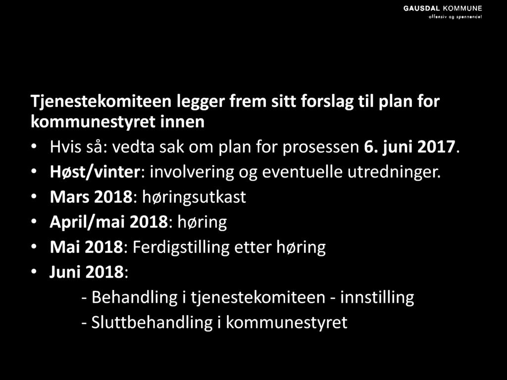 Tidsplan - forslag Tjenestekomiteen legger frem sitt forslag til plan for kommunestyret innen juni 2018? Hvis så: vedta sak om plan for prosessen 6. juni 2017.