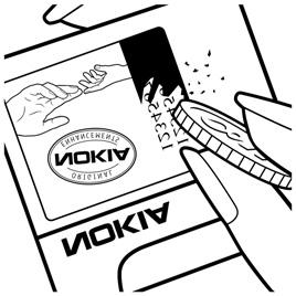 Nokiahåndtrykksymbolet fra én vinkel og Nokia Original Enhancementslogoen fra en annen vinkel.