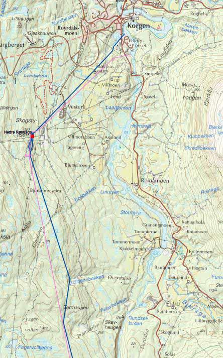 Figur 9 Kart med bildeutsnitt fra området nedstrøms Sjøforsen, med utløpskanal Nedre Røssåga Kraftstasjon og skissert nytt utløp av Nye Nedre Røssåga Kraftstasjon.