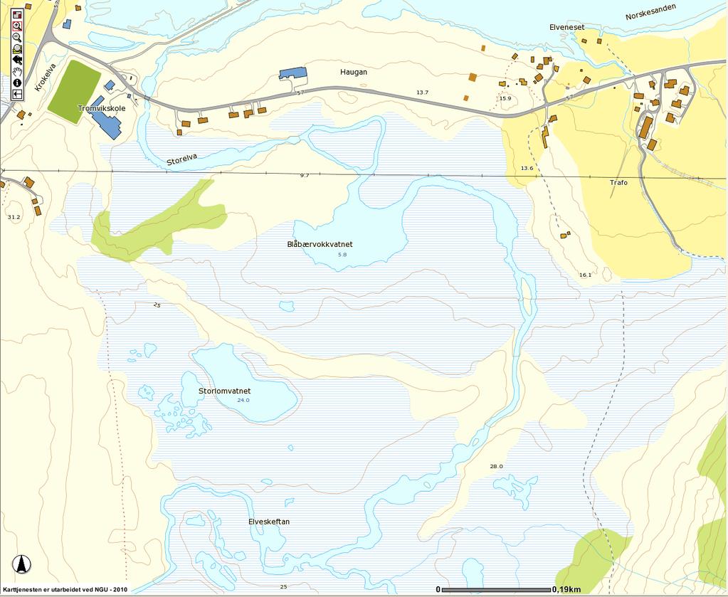 Grunnvannsundersøkelser i Tromvik 11 Sb3/4 Ub1 P4 P2 P6 P5 P3 P7 P8 Figur 6: Kart som viser plasseringen av georadarprofil og boringer i området øst for Tromvik skole. 4.