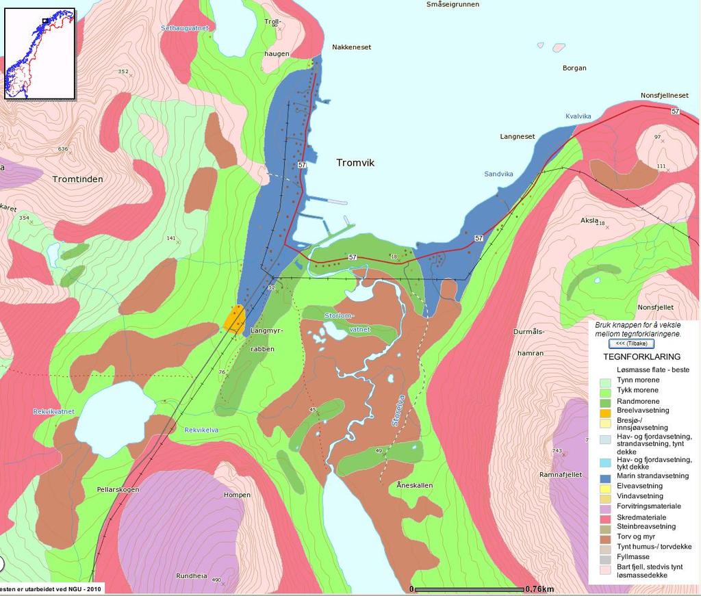 Grunnvannsundersøkelser i Tromvik 7 Figur 2: Løsmassekart over forsyningsområde Tromvik med inntegning av tre undersøkte områder for grunnvannsuttak fra løsmasser.