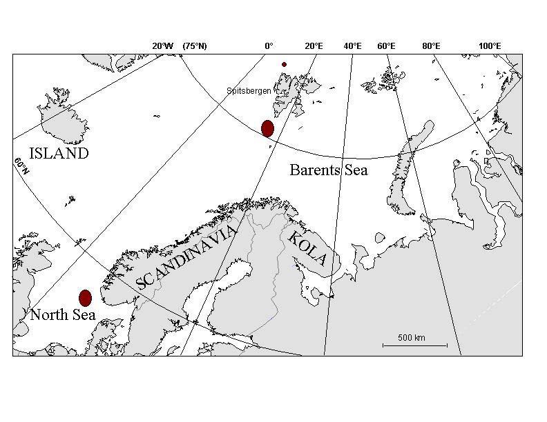 Det ble også plukket ut 61 individprøver fra henholdsvis fangstfeltene Nordsjøen (n=15), Jan Mayen (n=16), Barentshavet (n=15) og Svalbard (n=15). 2 4 3 1 Figur 1.