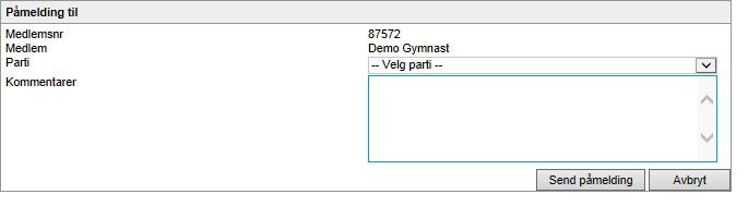 Ved å klikke Nytt parti, får du mulighet til å melde gymnasten på nytt parti. I nedtrekksmenyen vises partier som kan være aktuelle, basert på alder. NB!
