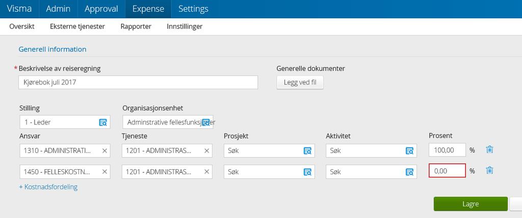 - Dersom reiseregninga skal fordeles på flere ansvar, tjenester eller prosjekt må du gjøre dette ved å trykke på «+Kostnadsfordeling» og så legge inn ny info: - Klikk