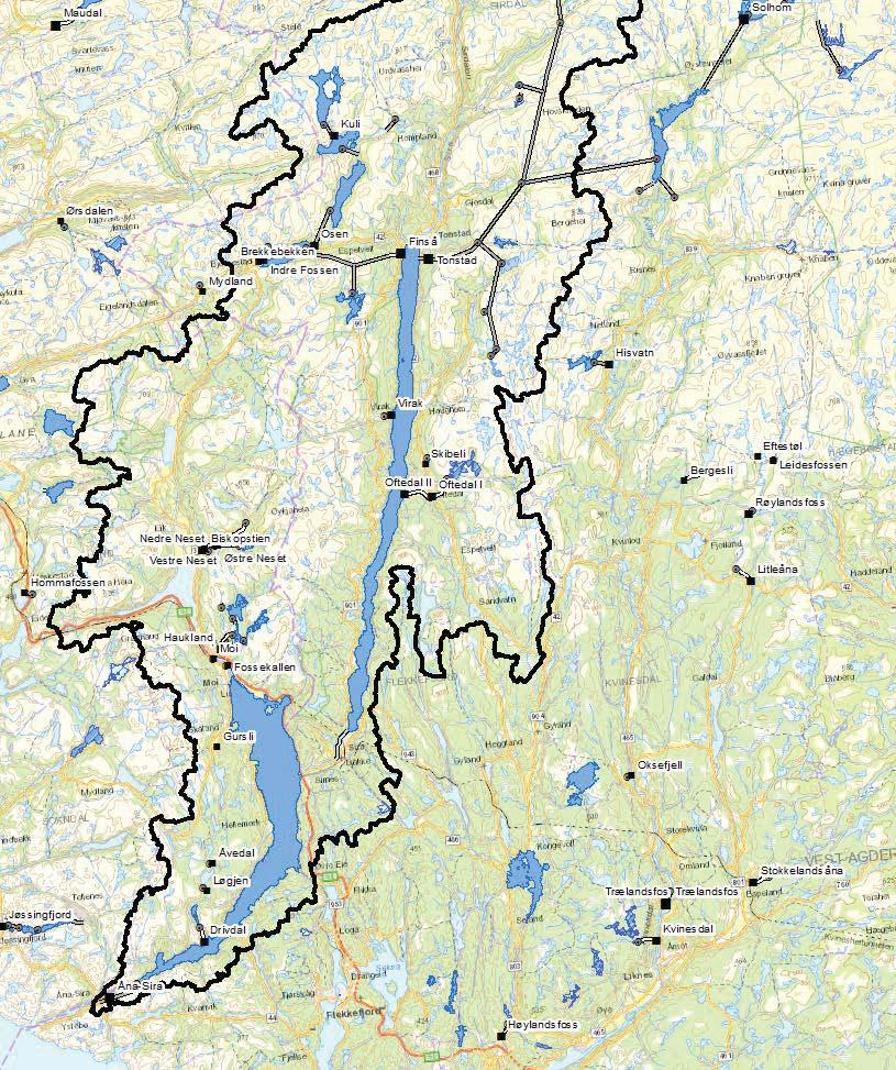 Figur 2. Kart over søndre del av Siravassdraget so viser agasiner, overføringer og kraftverk. Den naturlige iddelavrenningen i Sira ved Tonstad er vist i tabell 1. Ved ålestasjonen 26.