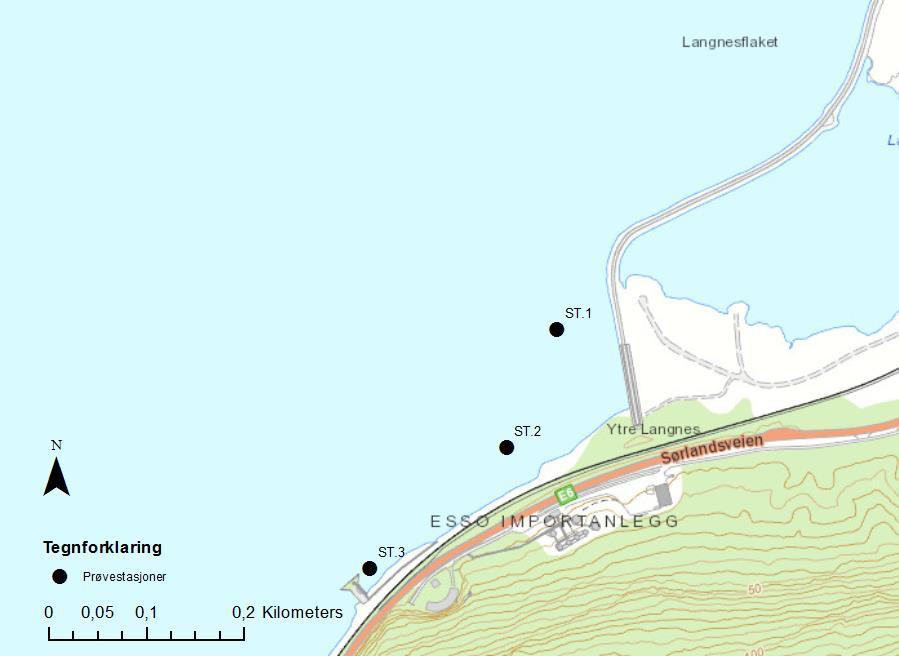 Utfylling Ytre Langnes Miljøundersøkelse av sjøbunnsedimenter multiconsult.no 2 Utførte undersøkelser Figur 2-1: Plassering av prøvestasjoner.