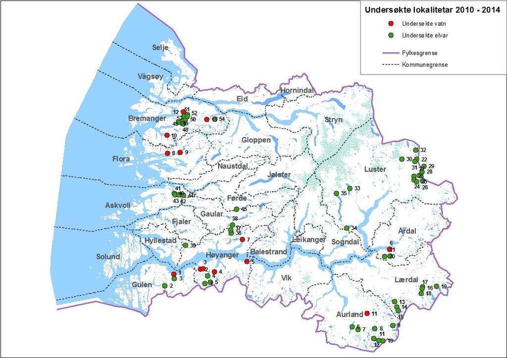 3. Områdeskildring I perioden 2010 til 2012 vart det gjennomført undersøkingar i 54 vatn (figur 1, tabell 2) og 13 elvar (figur 2, tabell 3).