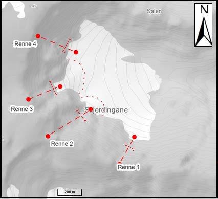 Figur 4: Topografisk kart over Skjerdinganebreen som viser lokasjonen til renne 1-4. De røde prikkene markerer snøskredavsetninger. Bildet er hentet fra nor