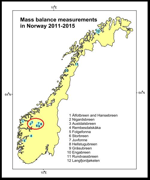 Figur 41: Lokasjonene til breene seks 12. Den røde sirkelen markerer breene som ligger i nærområdet. Kartet er hentet fra NVE (Kjøllmoen, 2016).