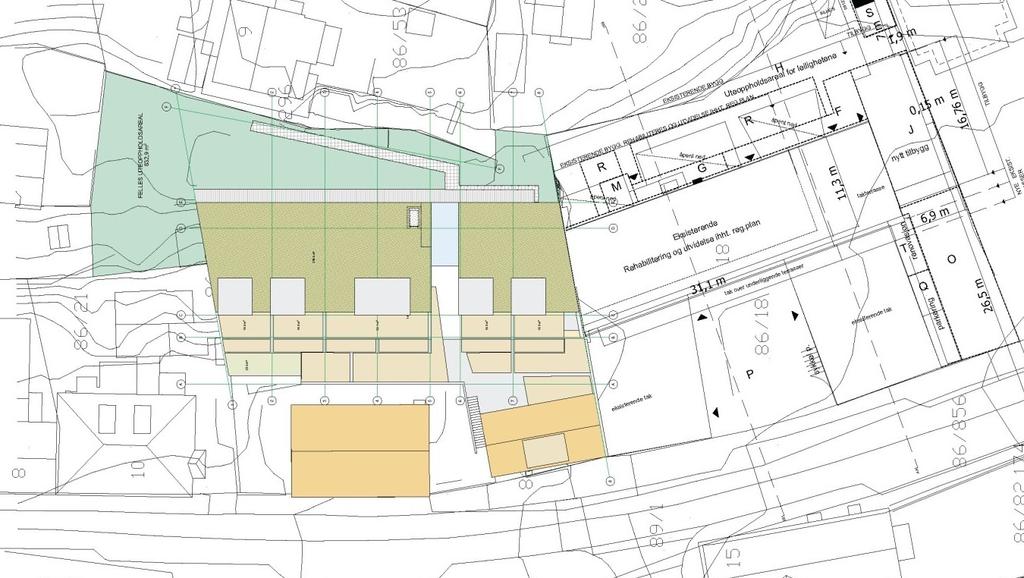 Illustrasjonen viser takplan for mulig utvikling, med saltaksbebyggelse mot gaten, og et leilighetsbygg i bakkant.