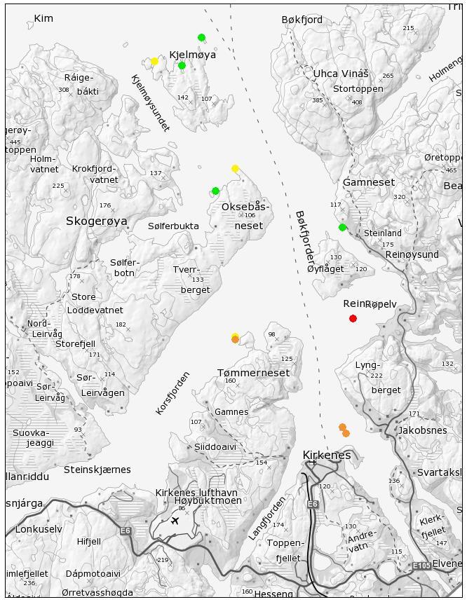 3.3 TARESKOG FRA 10-15 M DYP Tette tareskoger og skogflekker fantes fra 10 til 15 meters dybde ytterst (lengst nord) i fjorden.