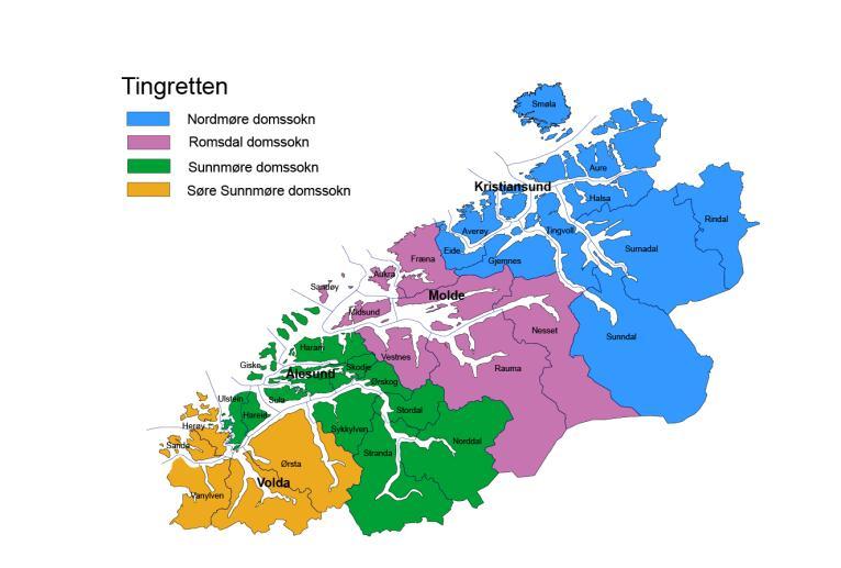1.16 Statlege regioninndelingar Regiontilknytinga til statlege institusjonar og verksemder viser tydeleg at Møre og Romsdal ligg i eit grenseland mellom Vestlandet og Trøndelag (sjå vedlegg 3).
