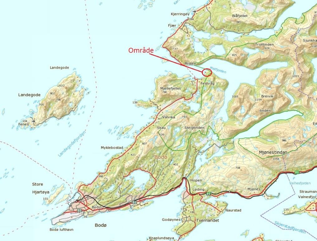 1 Bakgrunn for utredningen Planområdet ligger på Finnkonneset, Festvåg i Bodø kommune (ca.30 km nordøst for Bodø sentrum). Lokalisering av planområdet fremgår av figuren nedenfor (rød sirkel).