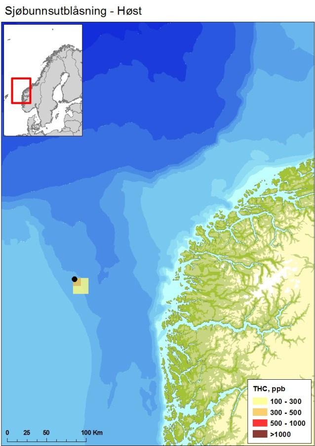 Figur 3-3 Beregnet gjennomsnittlige THC konsentrasjoner ( 100 ppb) i 10 10 km sjøruter gitt en sjøbunnsutblåsning fra Visundfeltet i hver sesong.