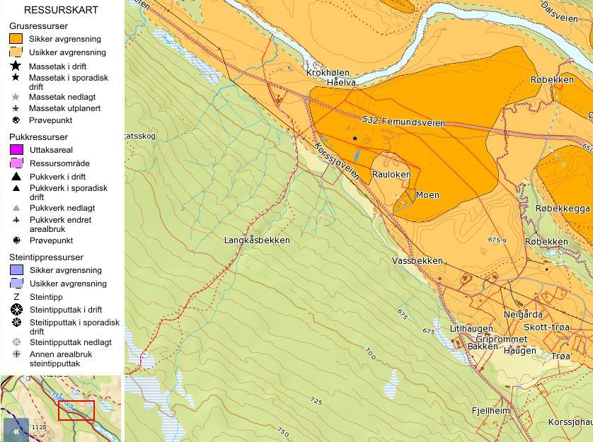 Utsnitt fra NGU sin Grus og Pukk-database, viser at Hådalen grustak ligger innenfor en sikker grusavsetning (breelvavsatt materiale). Grustaket er vurdert som viktig.