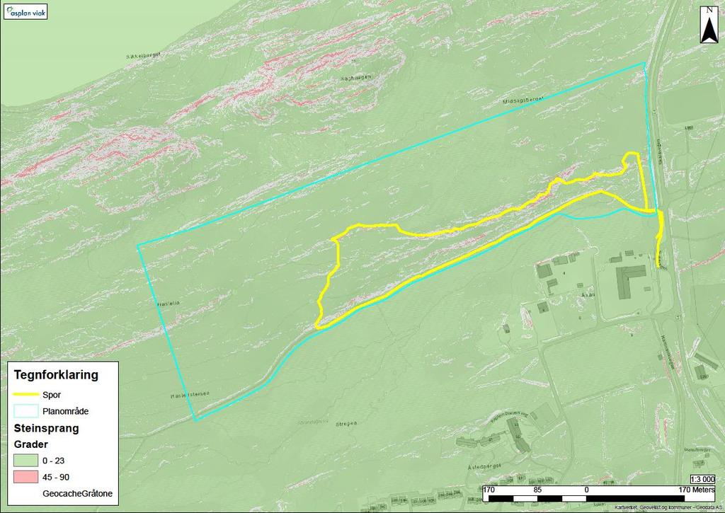18 4.2 Skred i fast fjell Figur 13: Oversikt potensielle løsneområder for steinsprang, merket rødt, og områder hvor steinsprang bremses (<23 grader), merket med grønt.