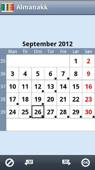 8. Almanakk Via Almanakk kan man få en oversikt over sine aktiviteter. For å komme dit trykker man på Meny-knappen i Kalendervinduet og velger Almanakk. (Det går også an å ha en snarvei i Startmenyen.