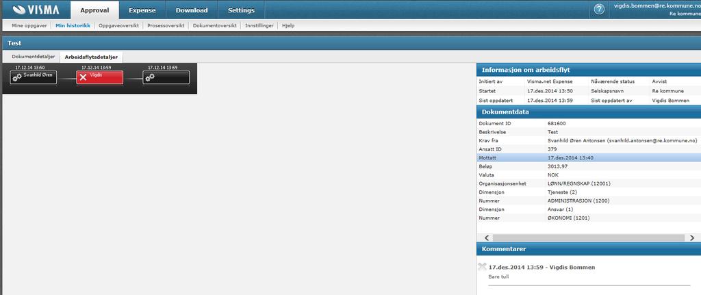 3. Oversikt over prosesser Attesterer og anviser kan hele tiden sjekke arbeidsflyten og se hvem som har gjort hva i prosessen og hvor reiseregningen befinner seg.