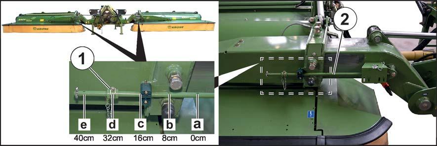 Innstillinger 15 Innstilling av strupeventiler 15.11 KM000-094 Ved hjelp av breddejusteringen kan begge sideslåmaskinene forskyves innover eller utover samtidig.
