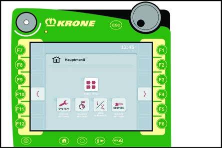 KRONE ISOBUS-terminal 10 Display/touchscreen 10.3 For å forlate alarmmasken trykker du på. Æ Alle funksjonene til maskinen er tilgjengelige igjen. 10.3 Display/touchscreen Til menyføring og praktisk innlesning av verdier og tekster er terminalen utstyrt med en høykvalitets touchscreen.