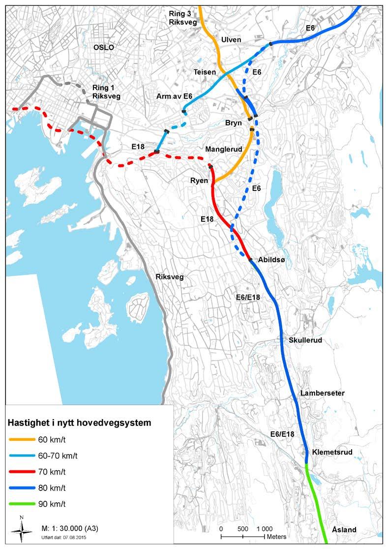Prinsipp for ny hovedvegstruktur Dagens E18 omklassifiseres til riksveg. Ny E18 går i felles trase med E6 mellom Vinterbro og Abildsø, og blir gjennomgående i Ryenkrysset.