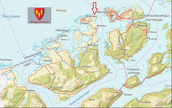 3. Beskrivelse av planområdet, eksisterende forhold Kart viser planområdets plassering nord i Averøy kommune. 3.