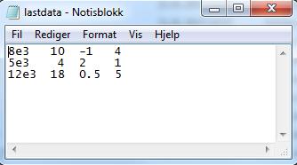 d) Anta att vi har mange laster og vil importere data slik den er gitt i Tabellen, fra en datafil. Spare ditt skript som for eksempel Ov4d.m. Kopier filen: lastdata.