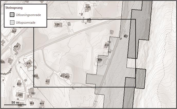 Figur 7: Aktsemdskart for steinsprang ved undersøkingsområdet. Steinsprang frå fjellryggen i aust er tolka å kunne nå inn i austlege del av planområdet. Basert på kart frå NVE m.fl.