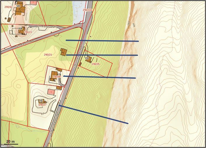 Vi har prøvd ut H/L-forholdet for steinsprang frå dei brattaste områda i fjellsida, som er på omtrent 140 m o.h. Høgdeskilnaden ned til planområdet vert difor 140 m 80 m = 60 m.