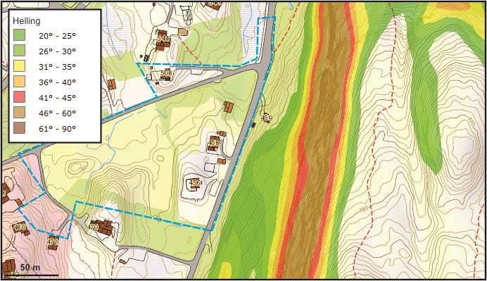 Figur 3: Hellingskart over planområdet og fjellskråninga i aust. Ser at planområdet er flatt. I fjellskråninga i aust er det mellom 40 og 90 på det brattaste. Rundt 160 m o.h. flatar terrenget ut.