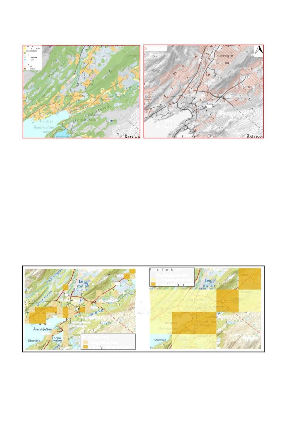Fig. 5 Oversikt av areal typ og disponibel dyrkbar jord Utsnitt av kart viser i grove trekk en oversikt av arealtype (AR5) og dyrkbar jord.