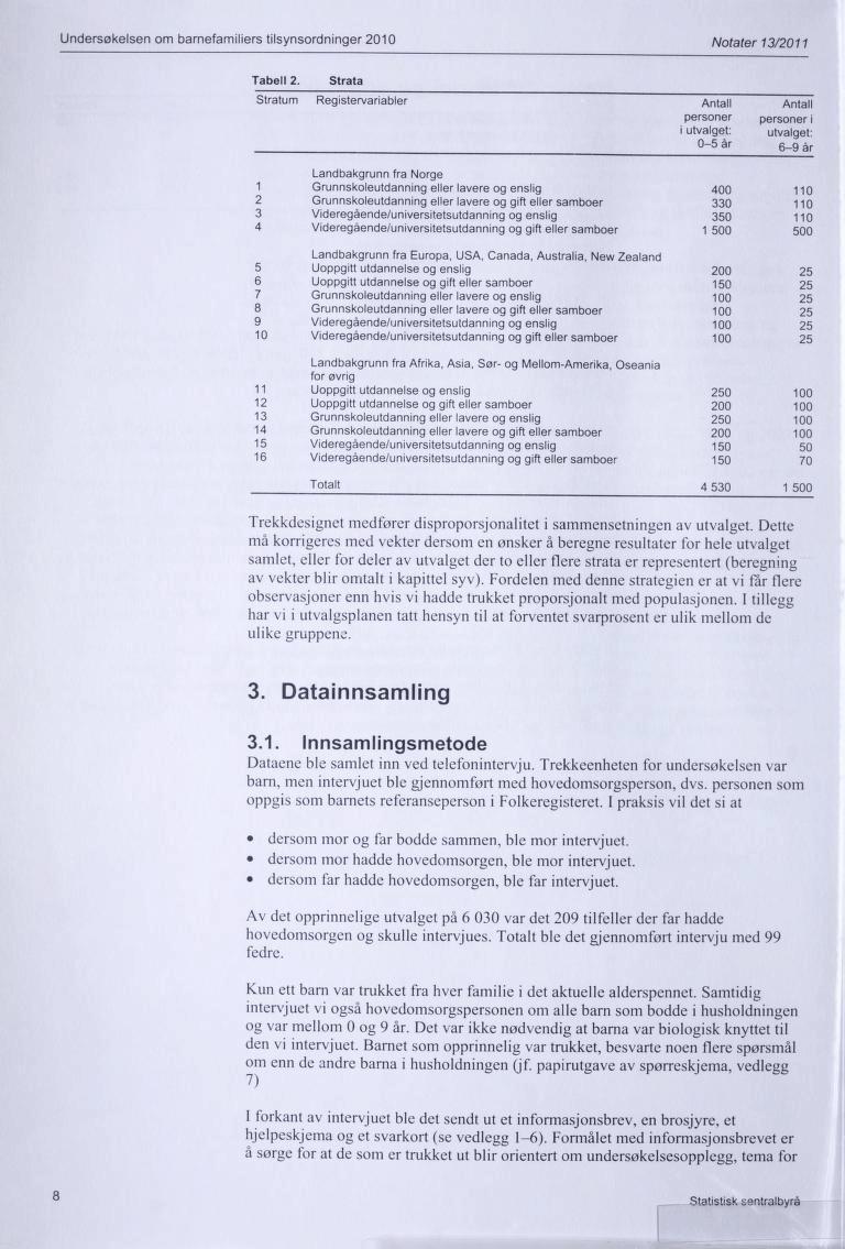 Undersøkelsen om barnefamiliers tilsynsordninger 2010 Notater 13/2011 Tabell 2.