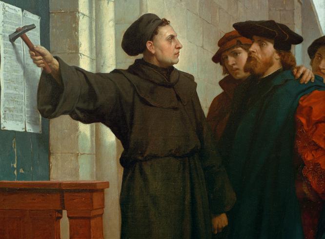 Ferdinand Pauwels: Luther slår opp de 95 tesene på døra til slottskirken i Wittenberg 31. oktober 1517. En tese betyr en setning som er en vitenskapelig påstand.